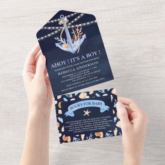 ネイビーブルーの水彩画の海の錨のベイビーシャワー オールインワン招待状 (貼ってはがせる)