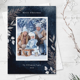 ネイビーブルーの水彩画の灰色の冬の葉 シーズンカード