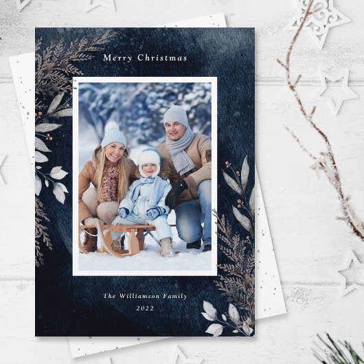 ネイビーブルーの水彩画の灰色の冬の葉 シーズンカード