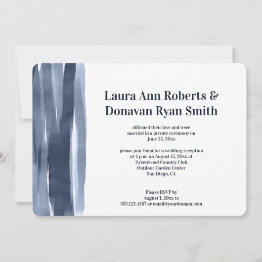 ネイビーブルーの水彩画の筆跡　披露宴のみのご案内 招待状 (正面)