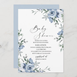 ネイビーブルーの水彩画の花と葉 ブライダルショー 招待状