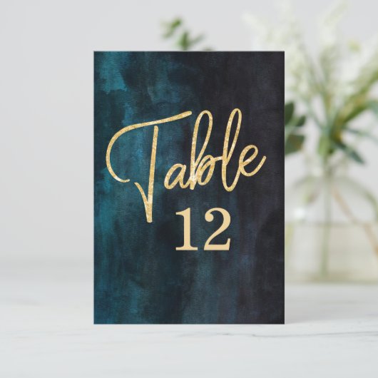 ネイビーブルーの水彩画&ゴールドのテーブル番号席次案内 招待状 (スタンド正面)