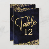 ネイビーブルーの水彩画 & ゴールドの結婚式テーブルナンバー 招待状 (正面/裏面)