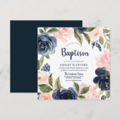 ネイビーブルーの水彩花の男の子と女の子の洗礼 招待状 (正面/裏面)
