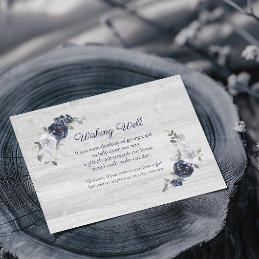 ネイビーブルーの水彩花の願い井戸の結婚式 エンクロージャーカード