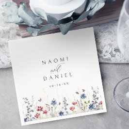 ネイビーブルーの水彩野の花を使ったラスティックなウェディング スタンダードカクテルナプキン