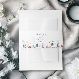 ネイビーブルーの水彩野の花を使ったラスティックな結婚式 招待状ベリーバンド
