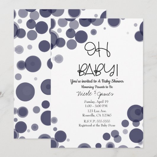 ネイビーブルーの水玉模様の泡 OH BABY シャワー 招待状 (正面/裏面)