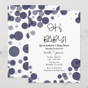 ネイビーブルーの水玉模様の泡 OH BABY シャワー 招待状