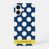 ネイビーブルーの水玉模様、ドット柄、お名前 iPhone 16ケース (裏面)
