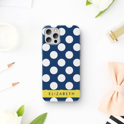 ネイビーブルーの水玉模様、ドット柄、お名前 iPhone 16ケース