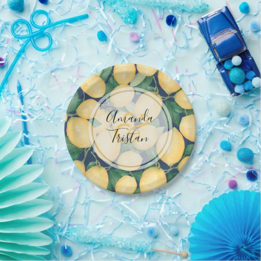 ネイビーブルーの水色レモンズパーソナライズされた ペーパープレート (パーティー)