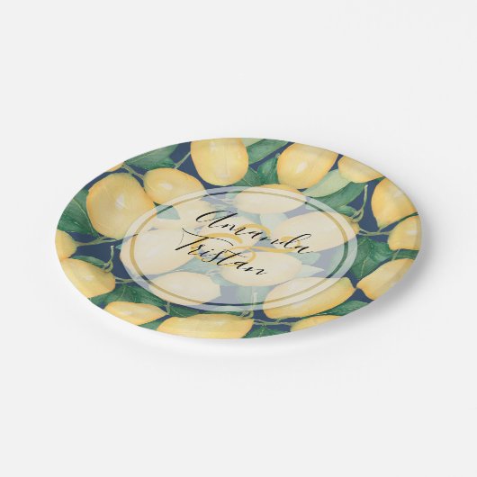 ネイビーブルーの水色レモンズパーソナライズされた ペーパープレート (アングル)