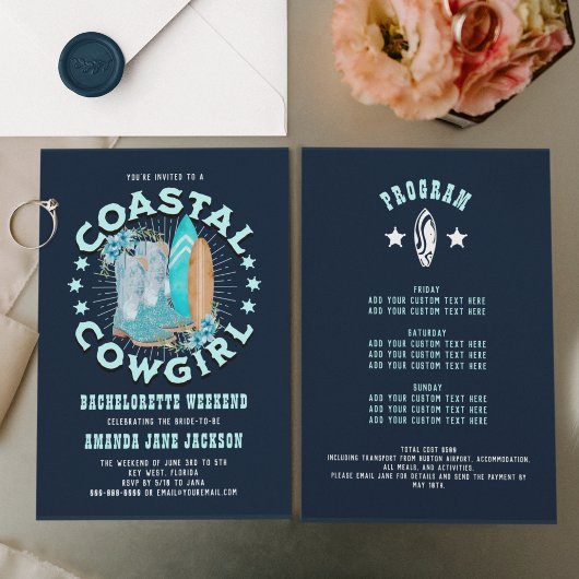 ネイビーブルーの海岸カウガールズ バチェロレッテウィークエンド 招待状