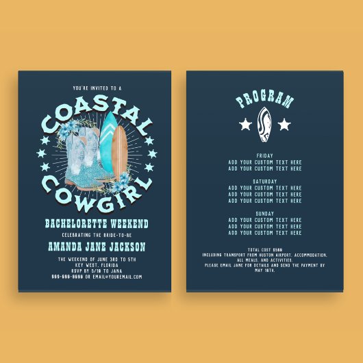 ネイビーブルーの海岸カウガールズ バチェロレッテウィークエンド 招待状