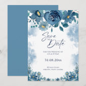 ネイビーブルーの煙に包まれた花のウェディング・セーブ・ザ・デート 招待状 (正面/裏面)