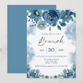 ネイビーブルーの煙に包まれた花柄のブランチへの招待状 招待状 (正面/裏面)