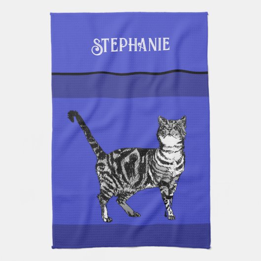 ネイビーブルーの猫 タビー 猫柄 レディース キッチンタオル (縦)