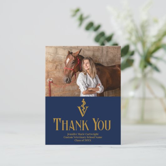 ネイビーブルーの獣医学校卒業感謝メッセージ ポストカード (スタンド正面)