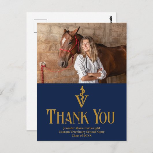 ネイビーブルーの獣医学校卒業感謝メッセージ ポストカード (正面/裏面)