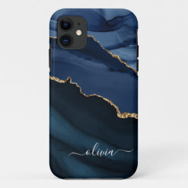ネイビーブルーの瑪瑙ジオードゴールドモノグラム iPhone 11 ケース