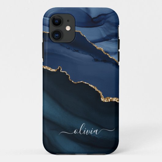 ネイビーブルーの瑪瑙ジオードゴールドモノグラム Case-Mate iPhoneケース (裏面)
