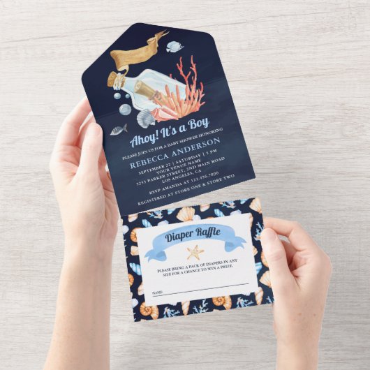 ネイビーブルーの瓶のメッセージを使った海の赤ちゃんのお披露目パーティー オールインワン招待状 (貼ってはがせる)