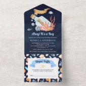 ネイビーブルーの瓶のメッセージを使った海の赤ちゃんのお披露目パーティー オールインワン招待状 (内側)