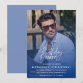 ネイビーブルーの男性の写真 39歳の誕生日パーティー 招待状 (正面/裏面)