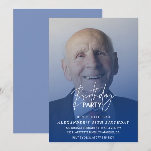 ネイビーブルーの男性の写真 88歳の誕生日パーティー 招待状 (正面/裏面)