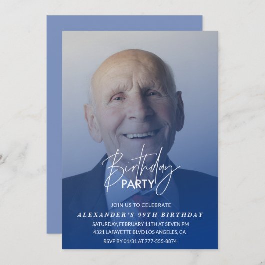 ネイビーブルーの男性の写真 99歳の誕生日パーティー 招待状 (正面/裏面)