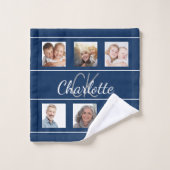 ネイビーブルーの白いコラージモノグラムのスクリプト バスタオルセット (ウォッシュタオル)