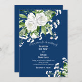 ネイビーブルーの白いバラと赤ん結婚坊の息 招待状 (正面/裏面)
