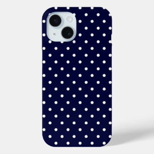 ネイビーブルーの白い上品な水玉模様パターン iPhone 15ケース