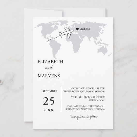 ネイビーブルーの目的地結婚旅行 招待状 (正面)