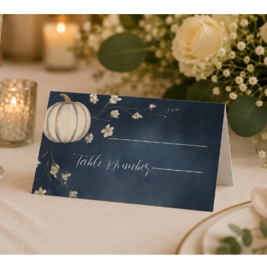 ネイビーブルーの秋のかぼちゃの結婚式席次カード プレイスカード