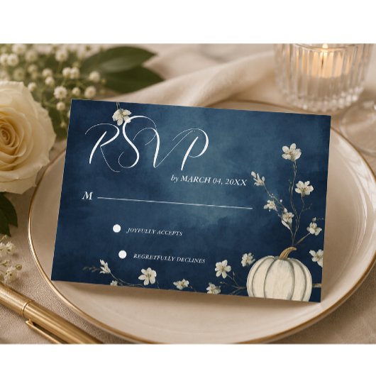ネイビーブルーの秋のかぼちゃの結婚式RSVP 出欠カード