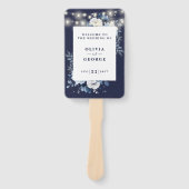 ネイビーブルーの糸の照明 花の結婚式のプログラム ハンドファン (正面)