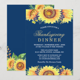 ネイビーブルーの素朴なひまわり 感謝祭ディナー 招待状