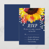 ネイビーブルーの素朴なひまわり 秋の結婚式の出欠確認カード 出欠カード (正面/裏面)