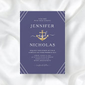 ネイビーブルーの結婚式と金のアンカーのストライプ 招待状