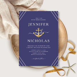 ネイビーブルーの結婚式と金のアンカーのストライプ 招待状