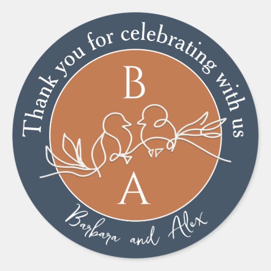 ネイビーブルーの結婚式のお礼 ラウンドシール (正面)