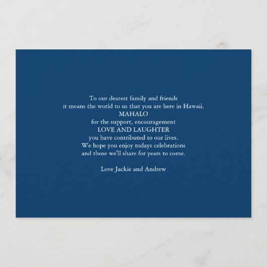 ネイビーブルーの結婚式のタイムライン プログラム (裏面)