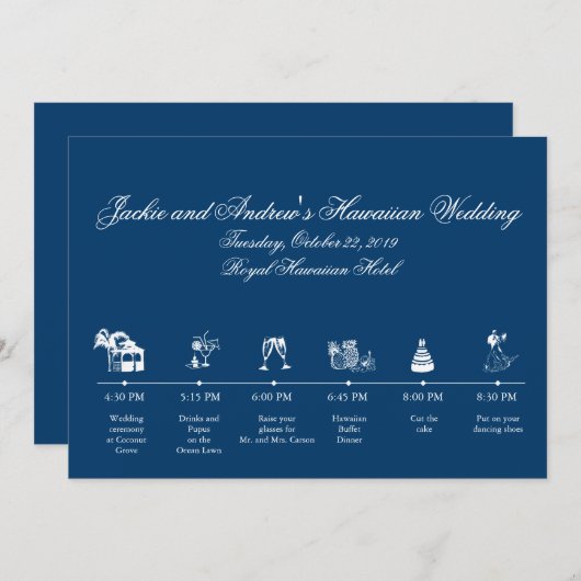 ネイビーブルーの結婚式のタイムライン プログラム (正面/裏面)