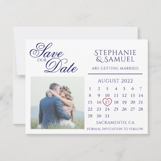 ネイビーブルーの結婚式カレンダー写真Save the Dateマグ 招待状 (正面)