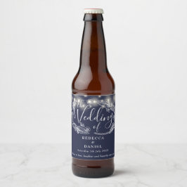 ネイビーブルーの結婚式フラワーストリングライト ビールラベル