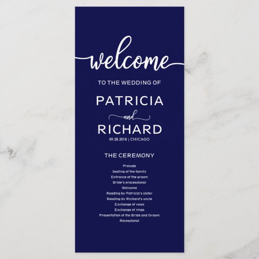 ネイビーブルーの結婚式プログラム ウェディングオーダーオブサービスプログラム ネイビーブルー プログラム (正面)