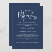 ネイビーブルーの結婚式延期カード 招待状 (正面/裏面)