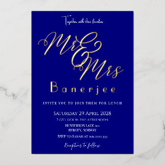 ネイビーブルーの結婚式用ホイル招待状 Mr & Mrs 箔招待状